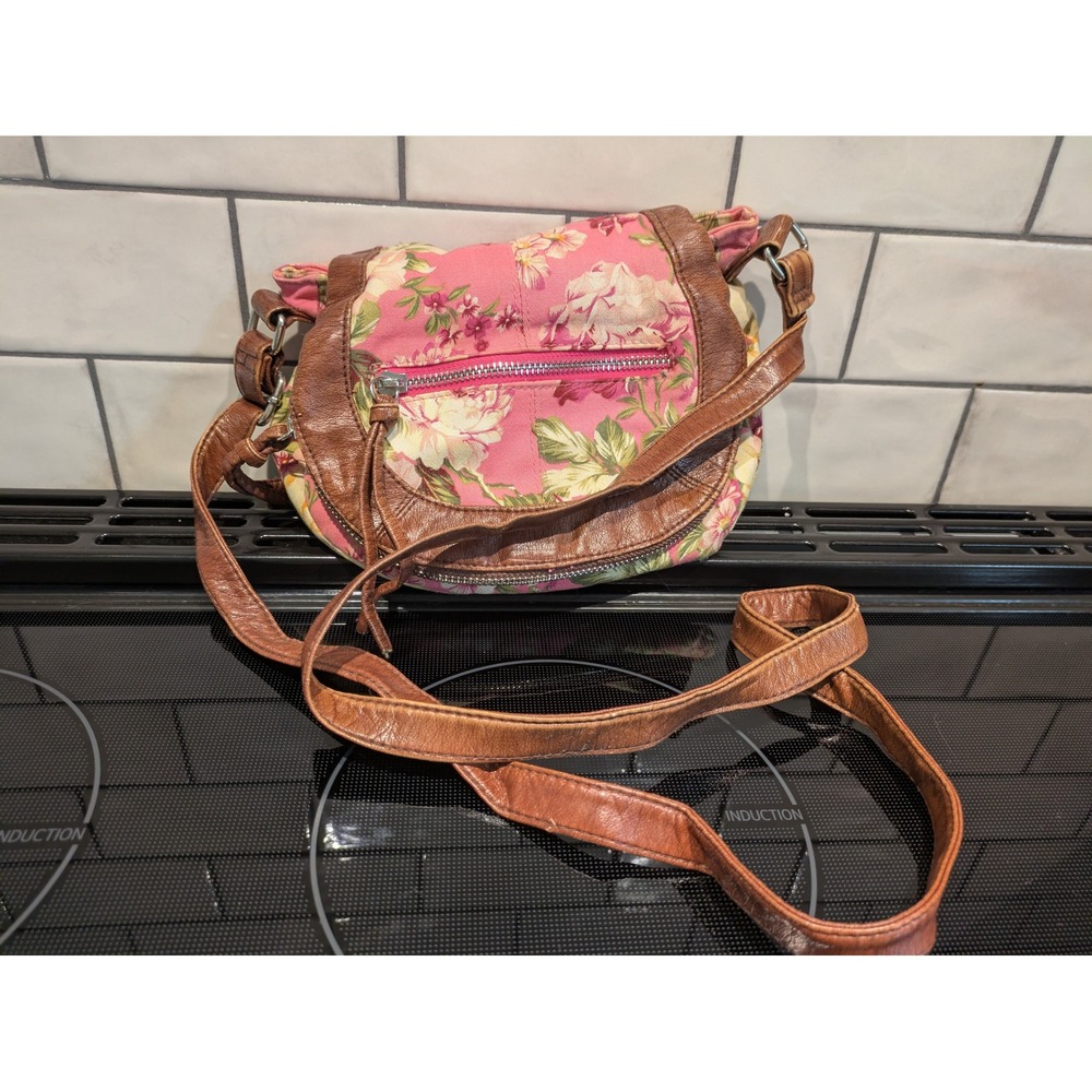 Candies Pink Floral Canvas Crossbody Bag Brown Faux Leather Trim Saddle Purse